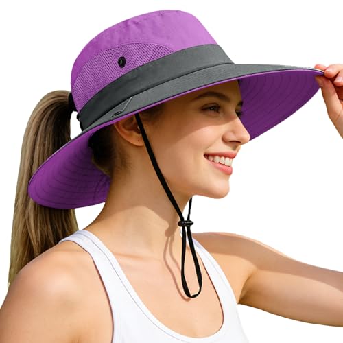 Ponytail Sun Bucket Hats for Women UV Protection Foldable Wide Brim
