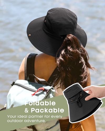 Womens Sun Hat with Ponytail Hole Beach Hiking Summer Wide Brim UPF 50+ Outdoor Protection Foldable Bucket Hat Black