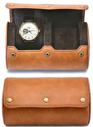 Watch Travel Case for Men Leather Watch Roll for Travel Organizer and Display Watch Case 2 Slots Full Grain Leather Tawny Brown (49 Count)