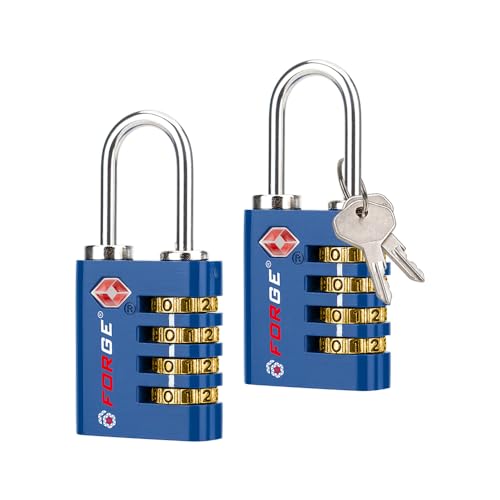 Dual-Opening: Key or Combination Access Lock, TSA Approved Locks for Luggage, Pelican case, Travel, Gym, School, Stainless Steel Shackle. (Blue 2 Pk)