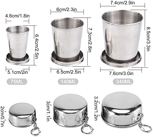 3 Pcs Stainless Steel Collapsible Cups for Traveling with Keychains (3 Count)