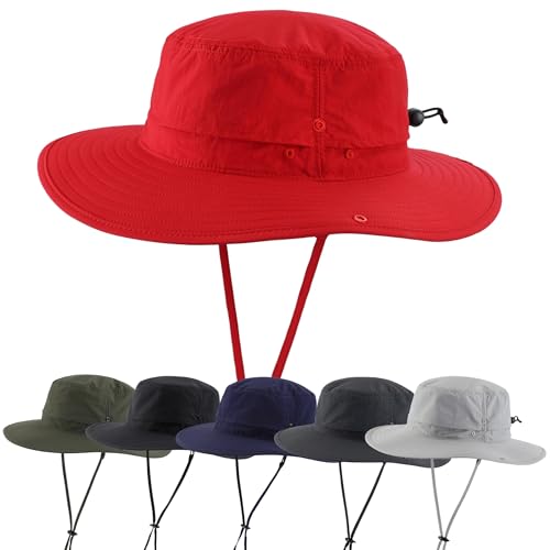 Summer Sun Hat for Men Women UV Protection Safari Hat for Fishing Hiking Outdoor Cowboy Bucket Hat UPF 50+ Red