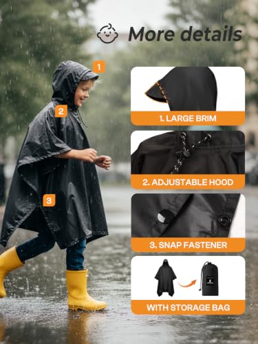 Hooded Rain Poncho Waterproof Raincoat Jacket for Kids Black