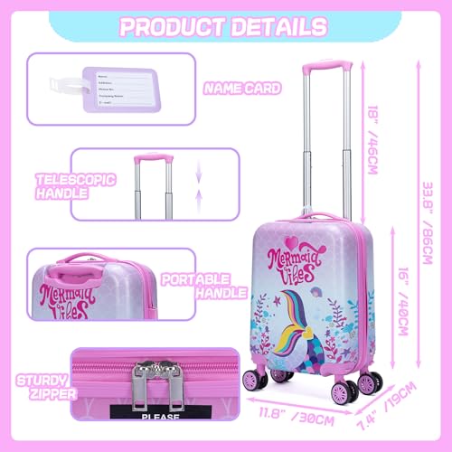 Cute Pink Mermaid Kid’s Luggage Set 5 Piece Suitcase Set 16’’ Hardside Luggage with Spinner Wheels Girls Boys Carry on Toddler Luggage Travel Rolling Luggage Carry on Luggage Airline Approved (5 Count)