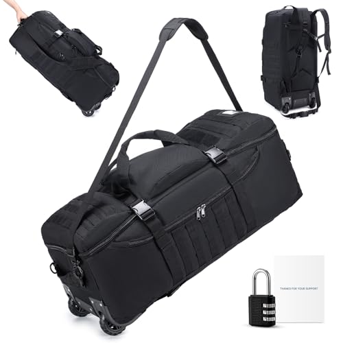 Tactical Travel Duffle Bag with Wheels and Handle 3 in 1 Large 85L XL Rolling Travelling Backpack Waterproof Oxford Carry On Hand Luggage Deployment Bags with Combination Padlock