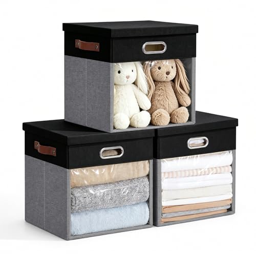 11x11 Inch Ultra Thick Fabric Storage Bins with Lids & Windows (3 Count)