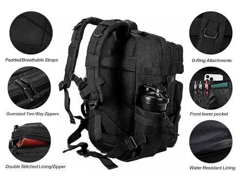 Military Tactical Backpack for Men and Women 45L Army 3 Days Assault Pack Bag Large Rucksack with Molle System Black