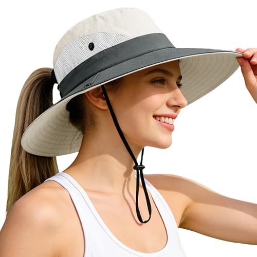 Ponytail Sun Bucket Hats for Women UV Protection Foldable Wide Brim
