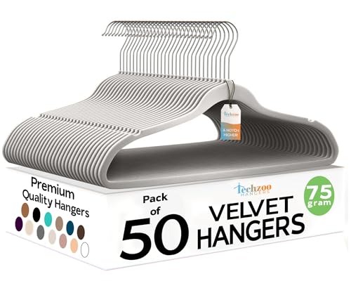 Premium Velvet Hangers 50 Pack Ultra Thin Non Slip Adult Felt Space Saving Suit Hanger for Closet Heavy Duty Coat Pants Jackets Dress Hangers 360° Swivel Hook Hold Upto 10 lbs Silver Birch (50 Count)