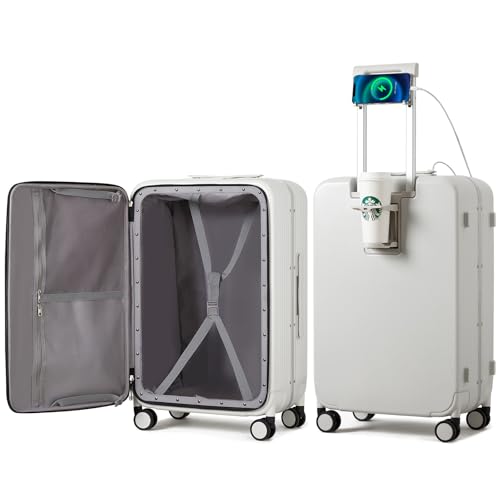 Checked Luggage with Cup Phone Holder and Charger Hard Shell Suitcases with Spinner Wheels
