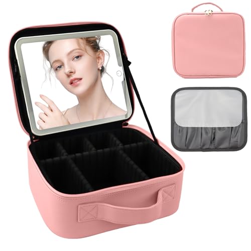 Travel Makeup Bag with LED Mirror Makeup Case with Light Up Mirror Portable Cosmetic Brush Organizer Bag with Adjustable Dividers for Cosmetics Makeup Brushes Toiletry
