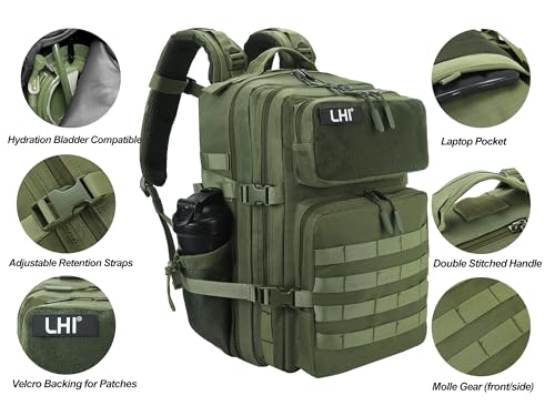 Military Tactical Backpack for Men and Women 45L Army 3 Days Assault Pack Bag Large Rucksack with Molle System Forest Green