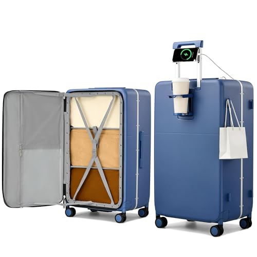 28 Inch Top Opening Checked Luggage with Cup Holder and USB Ports
