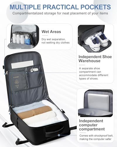 Large Travel Backpack Carry On for Women Man Black Waterproof Gym Backpacks with Laptop Compartment Mochila de Viaje Teacher Personal Item Backpack Rucksack Airplane Accessories Must Haves