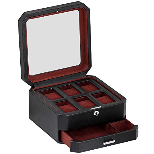 6 Slot Leather Watch Box with Valet Drawer