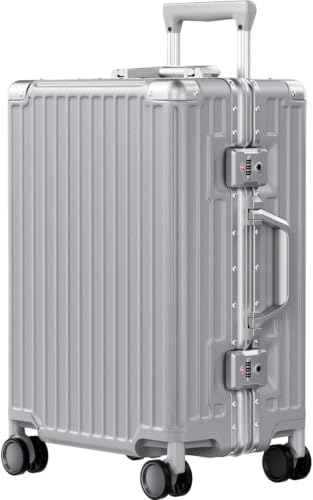 Carry On Luggage PC+ABS Aluminum Frame Zipperless Luggage Hard Shell Suitcase TSA Lock Double Spinner Wheels 20 Inch Silver