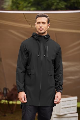Men's Long Raincoat With Hood Waterproof Jackets Light Packable Rain Jacket