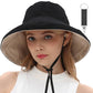 Womens Sun Hats Wide Brim Reversible Bucket Cotton Hat Packable Summer Travel Cap with Hat Clip