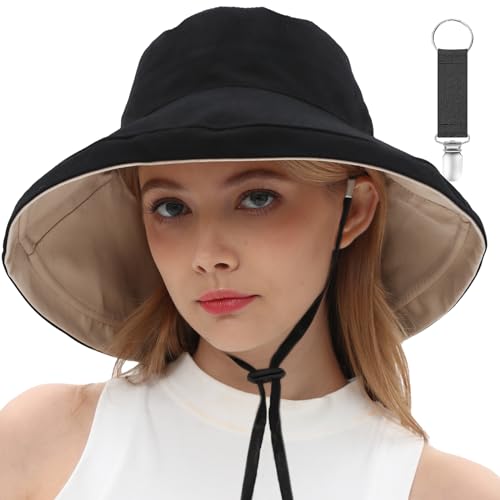 Womens Sun Hats Wide Brim Reversible Bucket Cotton Hat Packable Summer Travel Cap with Hat Clip