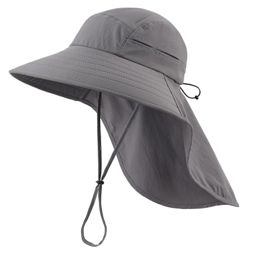 UPF 80+ Sun Hat for Men Women Wide Brim Sun Hat with Neck Flap UV Protection Safari Beach Bucket Fishing Hat Dark Grey
