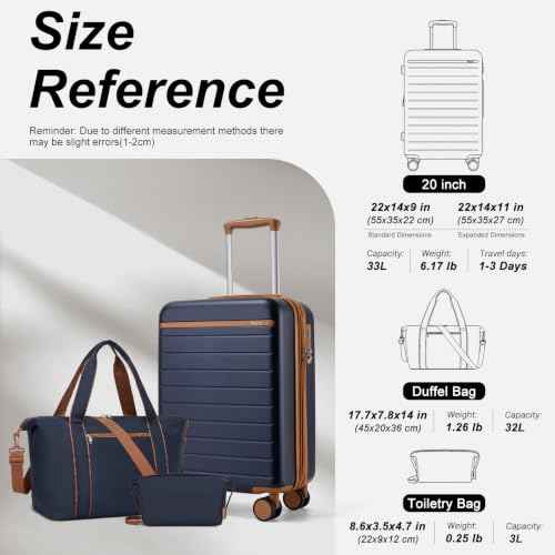 3 Piece Luggage Set carry on 20in Lightweight Travel Suitcase Navy
