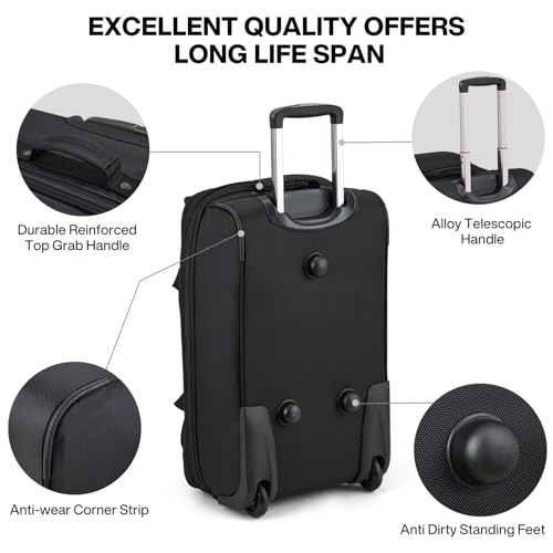 Expandable Carry On Luggage Suitcases with Wheels Foldable Duffle Bag for Travel Carry On suitcase Weekend Bag for Women Men（Black）