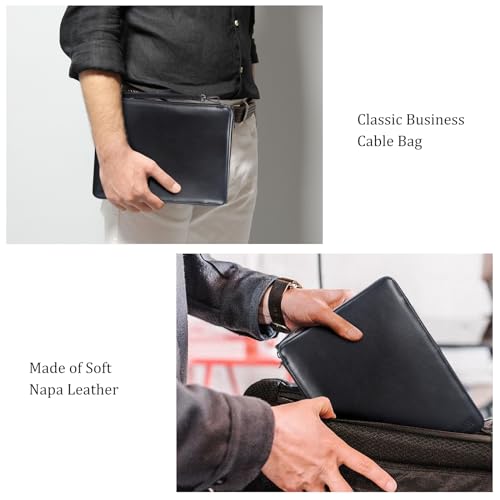 Polare Napa Leather Travel Cable Organizer Case Electronics Accessories Carry Bag with YKK Zippers Tech Storage Bag for Cables
