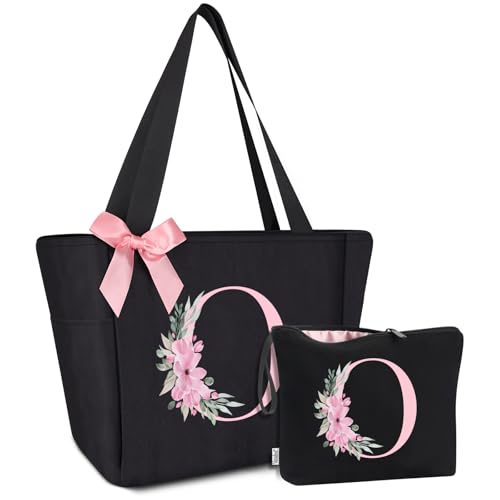 Tote Bag, A-Z Initial Monogrammed Waterproof Tote Bag, Bridesmaid Gifts for Women, Black and Pink (O, Black Set)