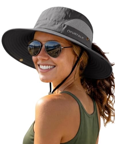 Womens Sun Hat with Ponytail Hole Beach Hiking Summer Wide Brim UPF 50+ Outdoor Protection Foldable Bucket Hat Dark Grey