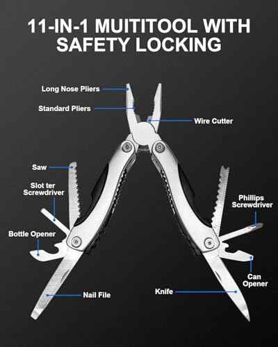 11-in-1 Multitool Pliers - Stainless Steel Pocket Knife with Pliers, Screwdriver & Bottle Opener - Aluminum Handle EDC Knives for Survival, Camping, Hunting, Hiking - Gift for Men Women (Red)