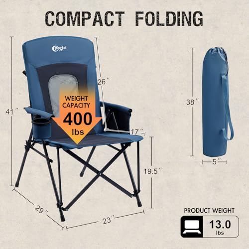 Oversized Folding High Back Portable Lawn Chairs for Adults Outdoor Camp Sports Hunting Fishing Backyard with Hard Armrest Cup Holder Carrying Strap