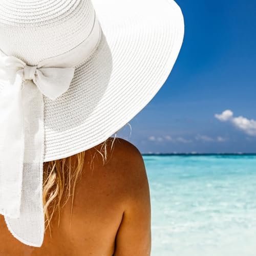 Womens Big Bowknot Straw Hat Foldable Sun Hats Floppy Beach Hat Large Roll up Cap UPF 50+