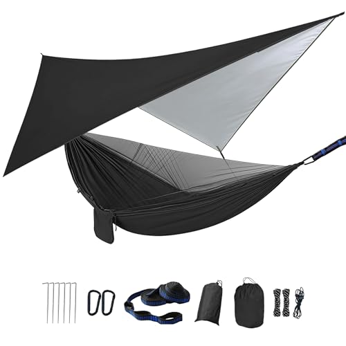 Camping Hammock with Rain Fly Tarp Mosquito Net Heavy Duty Tree Straps Portable Double Parachute Hammocks Tent Waterproof Rainfly Set