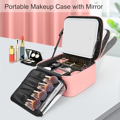 Travel Makeup Bag With LED Mirror Portable Travel Makeup Organizer 3 Color Adjustable Brightness Waterproof Cosmetic Train Case with Removable Dividers Makeup Storage for Women