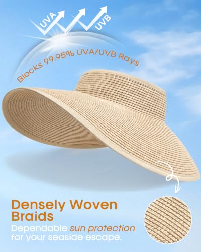 Womens Sun Visor Hats Wide Brim Straw Beach Hat UV Protection Ponytail Packable Beach Vacation Essentials Beige