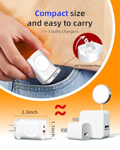 3-in-1 Portable Apple Watch Charger Fast Charging，25W Wireless Magnetic Foldable iWatch Charger Block，PD Travel Essentials Block for iWatch Ultra/SE/ 10/9/ 8/7/ 6，iPhone 17/16/ 15 Series