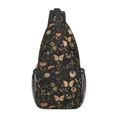 Sling Bag Vintage Butterfly Moon Flower Hiking Daypack Crossbody Shoulder Backpack Travel Chest Pack for Men Women
