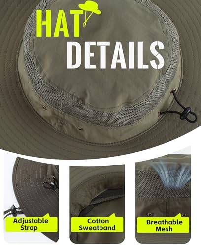 UPF50+ Mens Sun Hat Wide Brim Fishing Hat for Men Sun Protection Hat Light Weight Bucket Hat for Garden Hiking Camping Safari Army Green