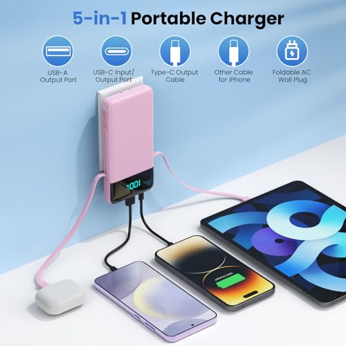 Portable Charger for iPhone with Built in Cables and Wall Plug