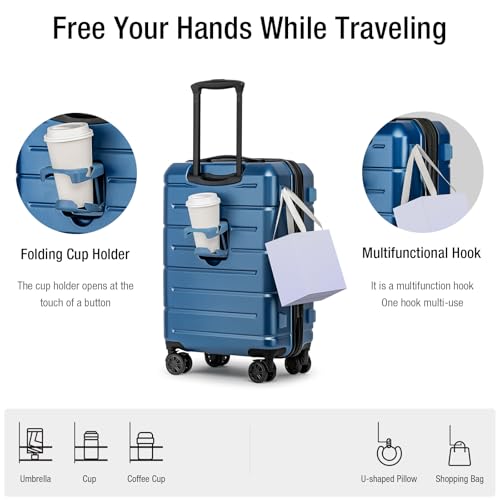 Carry On Luggage 22x14x9 Airline Approved Hardshell Carry On Suitcases with Wheels Travel Rolling 20 Inch Luggage with Cup Holder for Women Men