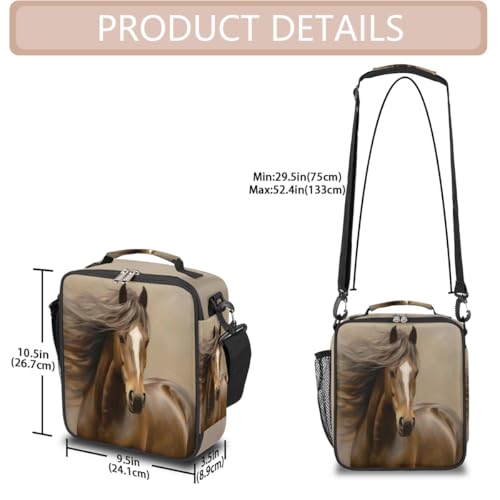 Animal Hores Brown Kids Lunch Box for Girls Boys Reusable Insulated Lunch Bag for Kids Toddler Thermal Cooler Spacious Lunchbox with Shoulder Strap Lunchbag for School Work Picnic (print 23)
