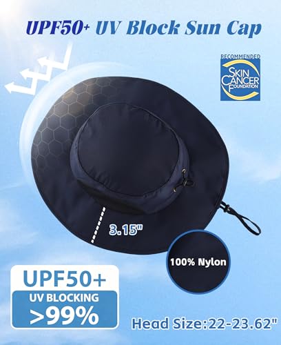 UPF50+ Mens Sun Hat Wide Brim Fishing Hat Airy Mesh UV Protection Portable Bucket Sun Hat Navy Blue