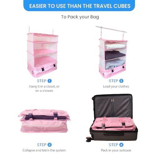 Stow-N-Go Hanging Travel Shelves, Packing Organizer for Luggage. Carry on Closet for Suitcase. Expandable Packing Cube. Travel Essentials. (Pink - XL, XL = (L) 17.7" x (W) 11.8")