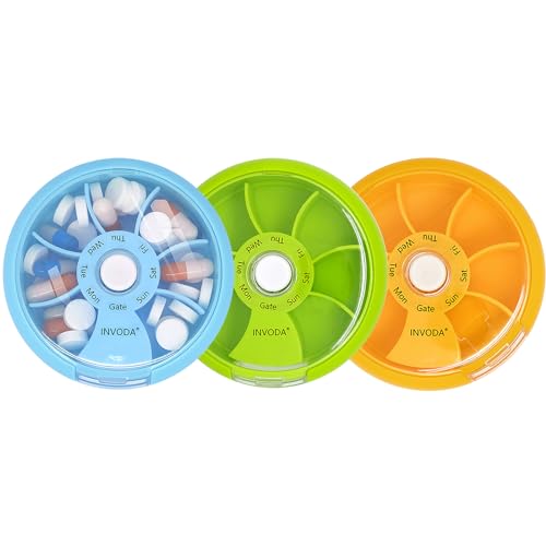 3Pack Weekly Pill Organizer Rotating Travel Pill Box for 7 Day Vitamins (3 Count)
