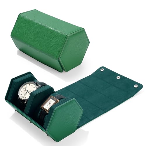 Green Leather Watch Roll Travel Case for Men