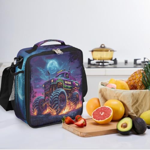 Monster Truck Cool Kids Lunch Box for Girls Boys Reusable Insulated Lunch Bag for Kids Toddler Thermal Cooler Spacious Lunchbox with Shoulder Strap Lunchbag for School Work Picnic (A08:truck)
