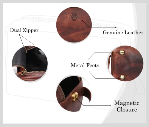 10" Premium Leather Toiletry Travel Pouch With Waterproof Lining