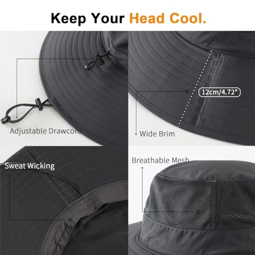 UPF50+ Mens Sun Hat Wide Brim Fishing Hat Large Brim Sun Protection Gardening Beach Bucket Hat for Men Women Dark Grey
