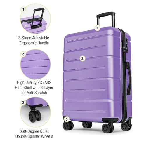 24 Inch Luggage TSA Approved Hardshell Suitcases with Spinner Wheels Durable PC+ABS Medium Checked Travel Luggage for Women Men Lt Purple