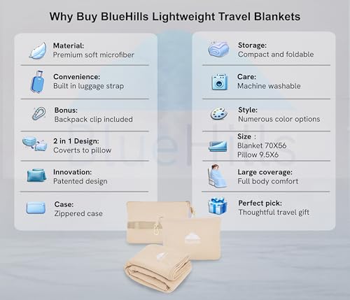 Premium Soft Lightweight Travel Blanket Pillow Pocket Size Beige